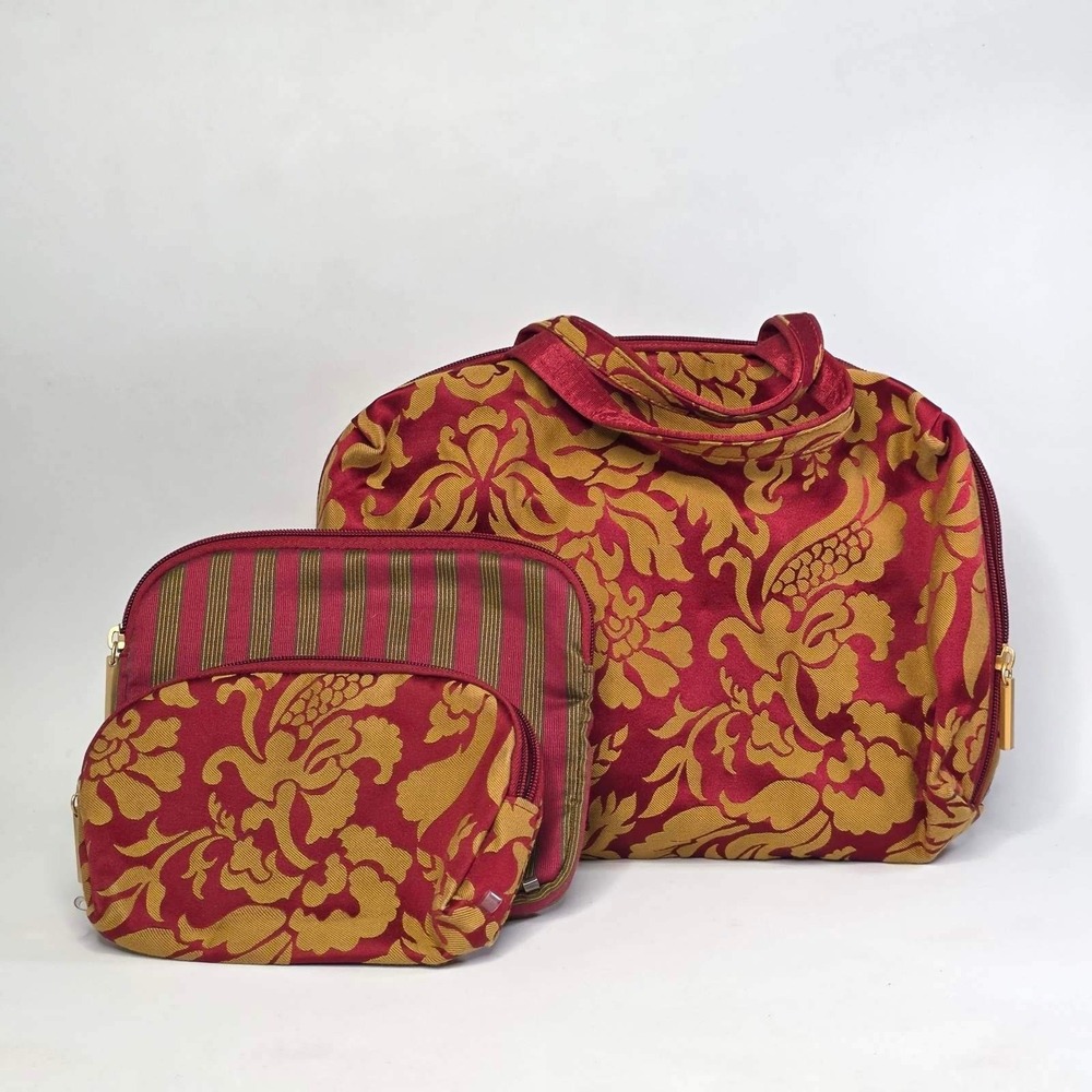 Basics Set of 3 Cosmetic Toilet Bag Burgundy Gold Damask Floral Striped Travel